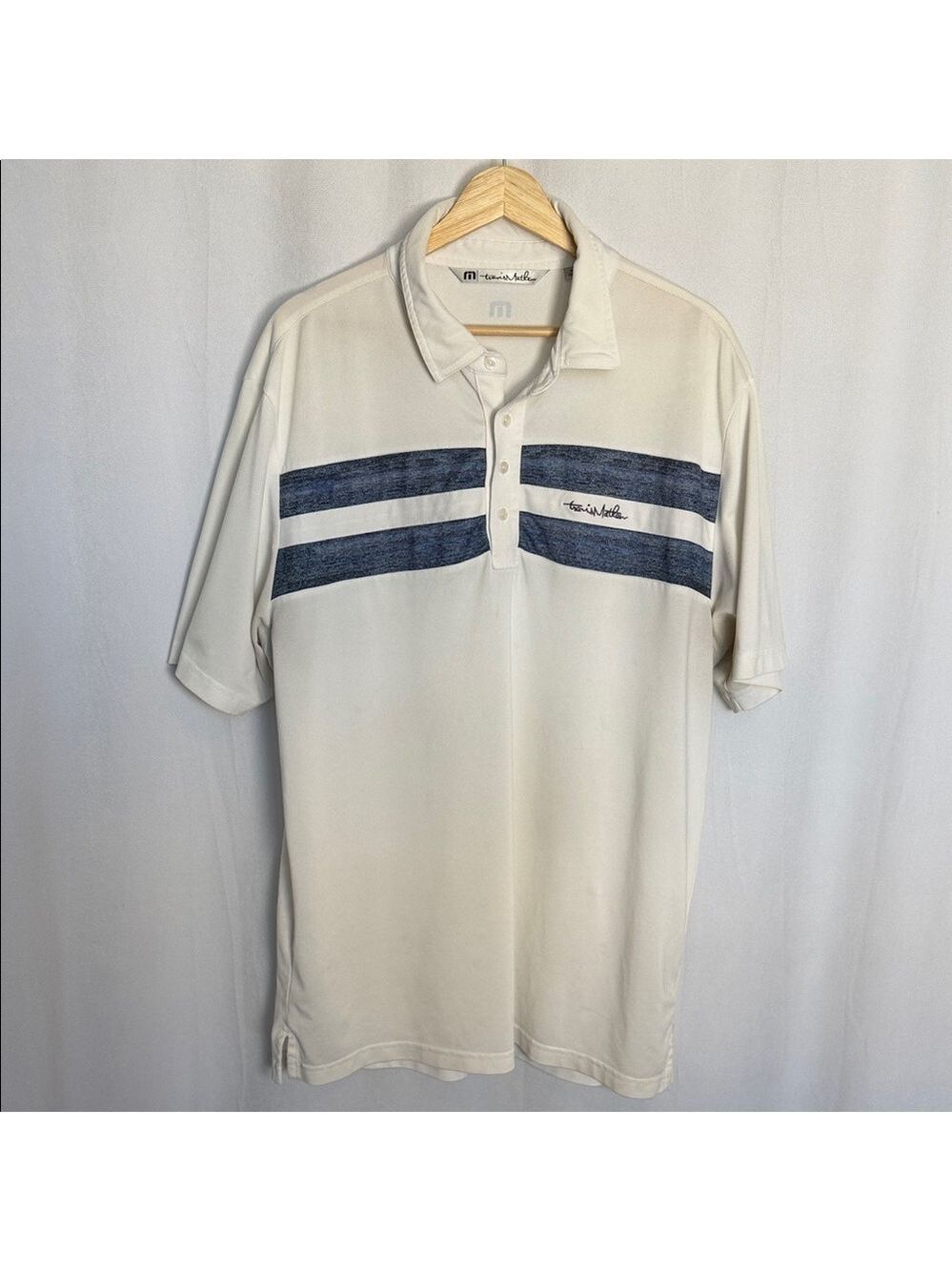 Travis Mathew Men's Golf Polo Size XL White Blue Striped Short Sleeve